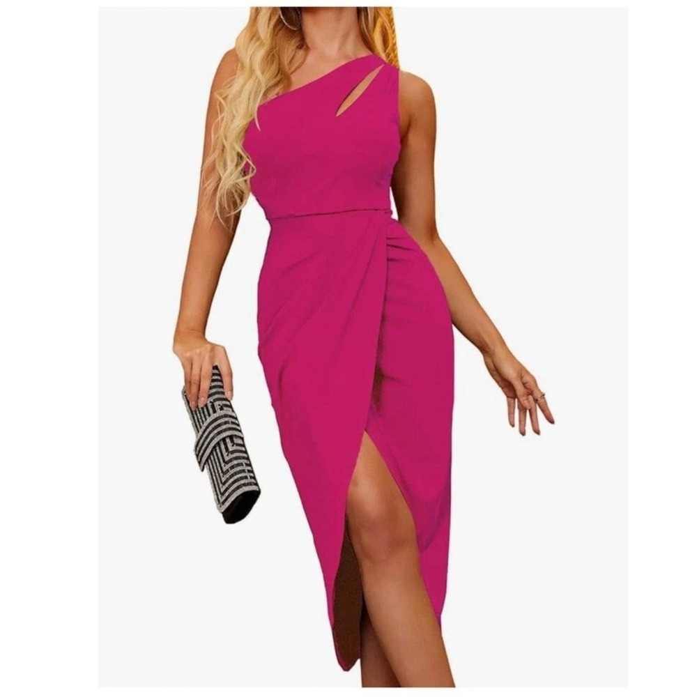 Zalalus Women Hot Pink One Shoulder Cutout Wrap Tulip Midi Cocktail Dress Small